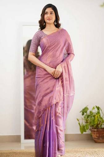 Pink cotton printed plain saree with blouse