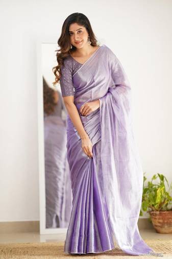 Lightpurple cotton printed plain saree with blouse
