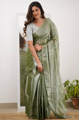 Lightgreen cotton printed plain saree with blouse