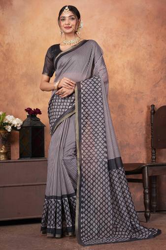 Grey chanderi silk with gold border patti digital printed saree with blouse