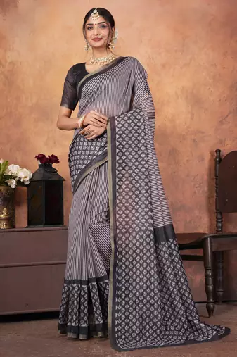 Grey chanderi silk with gold border patti digital printed saree with blouse