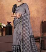 Grey chanderi silk with gold border patti digital printed saree with blouse