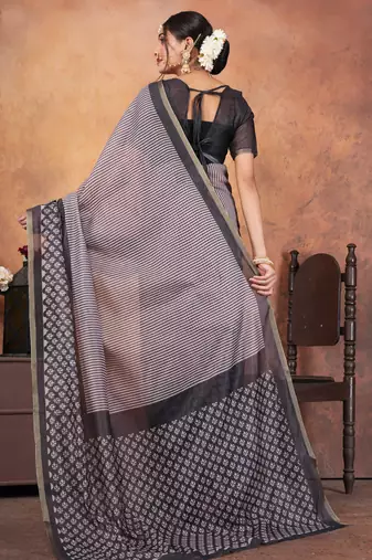 Grey chanderi silk with gold border patti digital printed saree with blouse