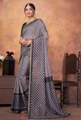 Grey chanderi silk with gold border patti digital printed saree with blouse 3