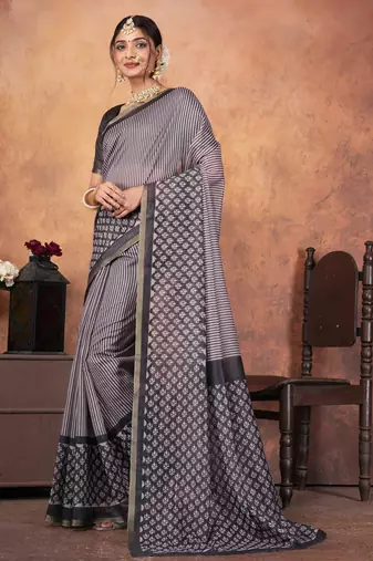 Grey chanderi silk with gold border patti digital printed saree with blouse