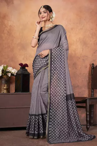 Grey chanderi silk with gold border patti digital printed saree with blouse