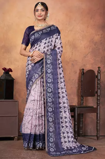 Grey chanderi silk with gold border patti digital printed saree with blouse