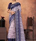 Grey chanderi silk with gold border patti digital printed saree with blouse