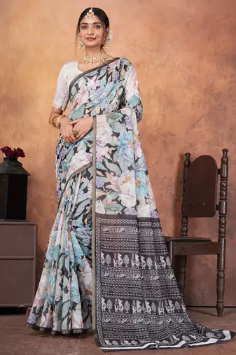 Blue chanderi silk with gold border patti digital printed saree with blouse