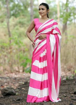 Pink satin digital printed saree with blouse 1