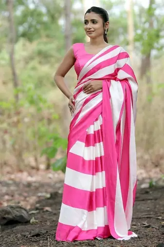 Pink satin digital printed saree with blouse