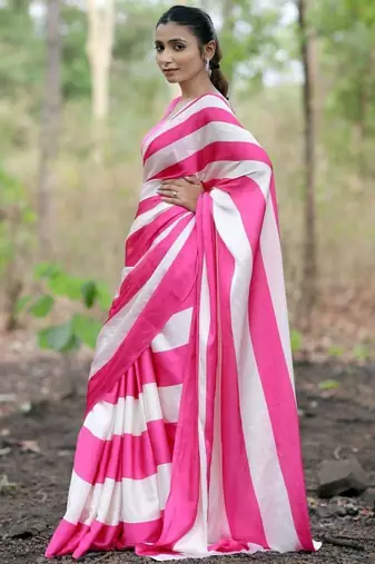 Pink satin digital printed saree with blouse