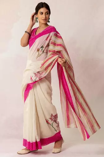 Pink linen digital printed saree with blouse