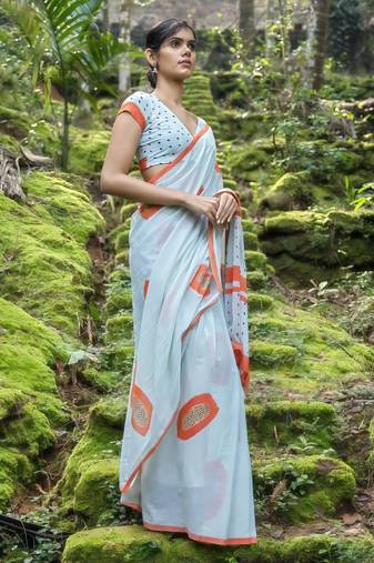 Orange & grey digital printed saree with blouse
