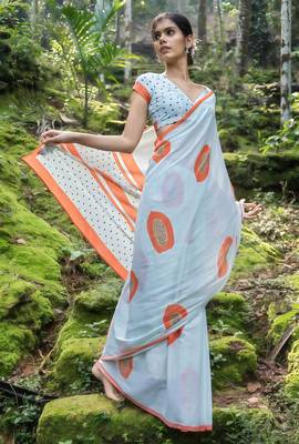 Orange & grey digital printed saree with blouse 3