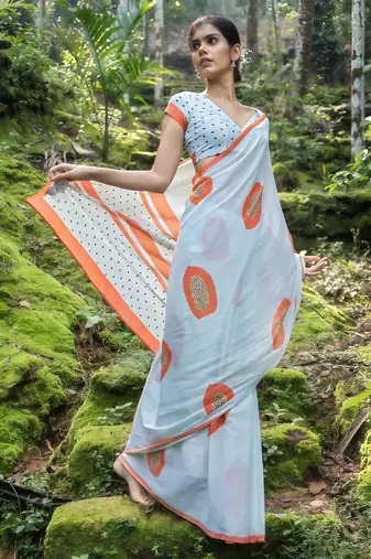 Orange & grey digital printed saree with blouse
