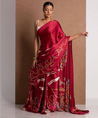 Red crepe digital printed saree with blouse 1