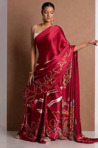 Red crepe digital printed saree with blouse