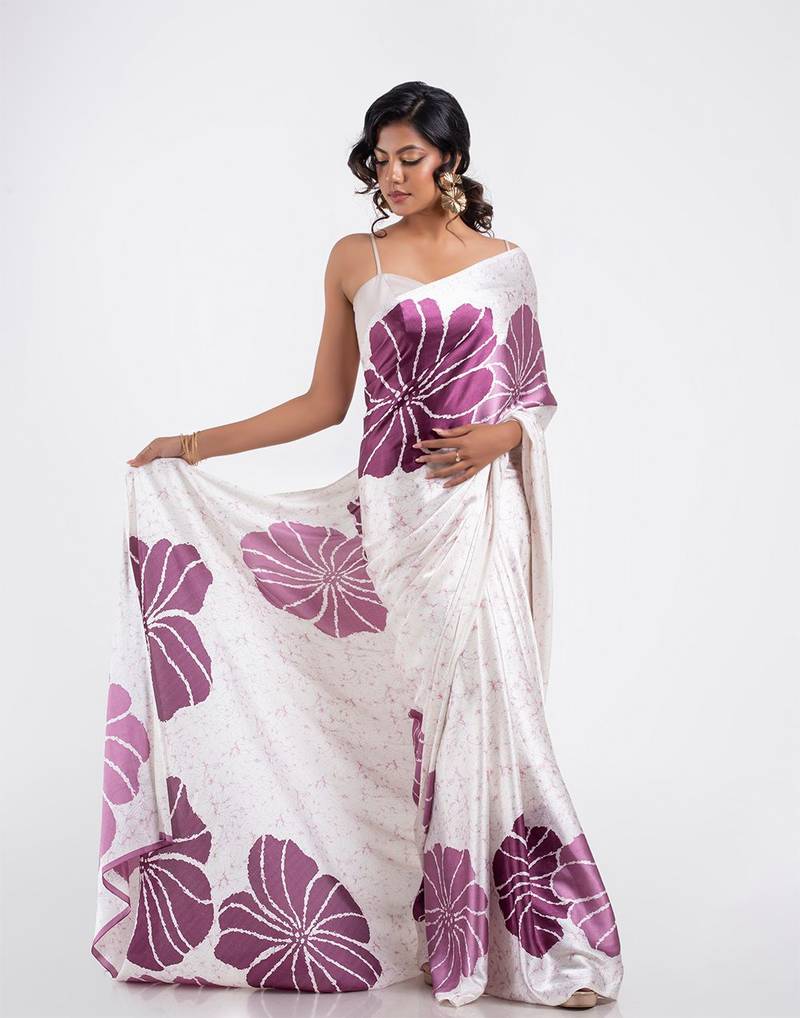Purple crepe digital printed saree with blouse