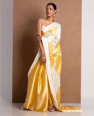 Yellow crepe digital printed saree with blouse 1