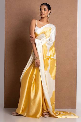 Yellow crepe digital printed saree with blouse