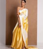Yellow crepe digital printed saree with blouse