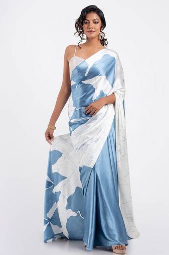 Lightblue crepe digital printed saree with blouse