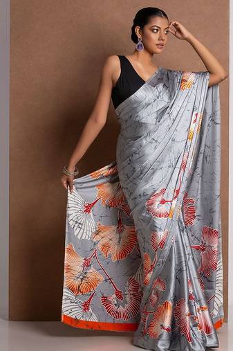 Grey crepe digital printed saree with blouse