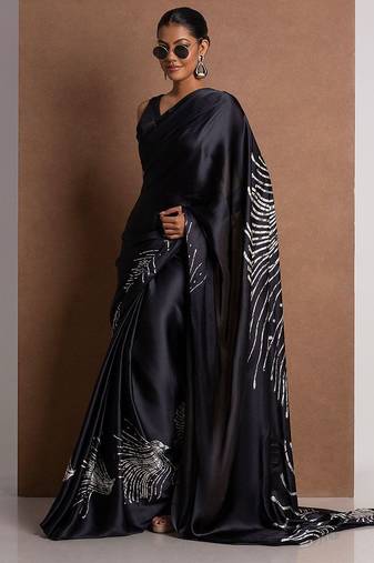 Black crepe digital printed saree with blouse
