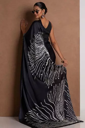 Black crepe digital printed saree with blouse