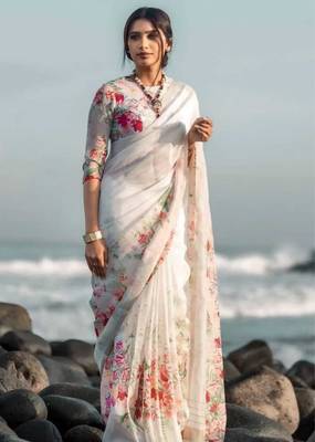 White floral digital printed saree with blouse 2