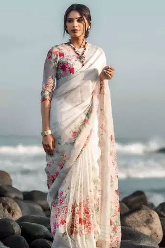 White floral digital printed saree with blouse