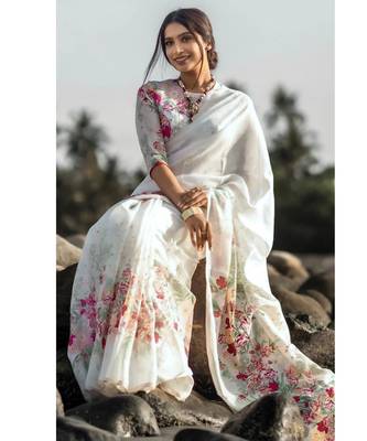 White floral digital printed saree with blouse 3