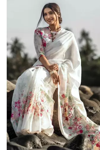 White floral digital printed saree with blouse