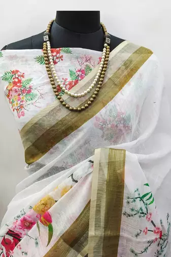 White floral digital printed saree with blouse