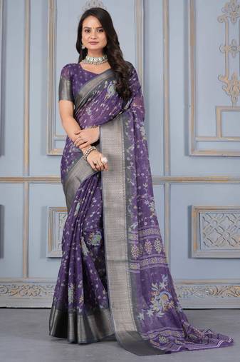 Purple art silk saree with zari border and blouse