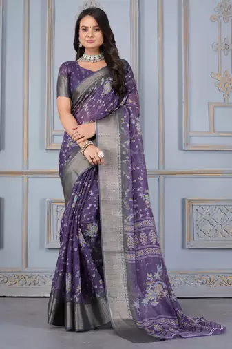 Purple art silk saree with zari border and blouse