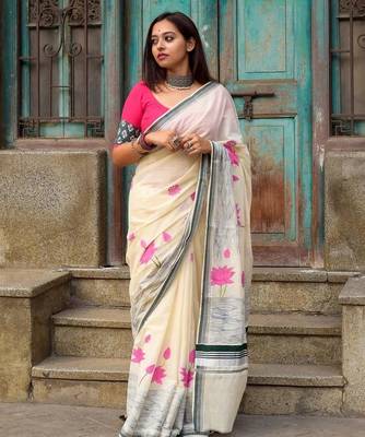 White plain linen digital printed saree with blouse 1
