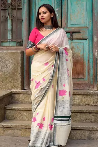 White plain linen digital printed saree with blouse
