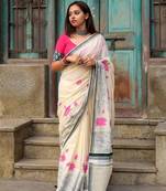 White plain linen digital printed saree with blouse