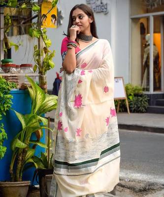 White plain linen digital printed saree with blouse 2