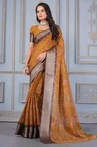 Mustard art silk saree with zari border and blouse