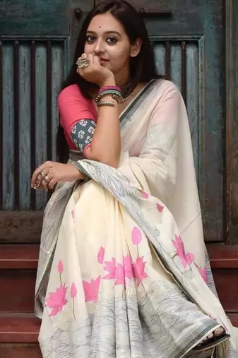 White plain linen digital printed saree with blouse