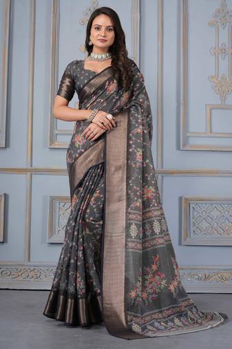 Grey art silk saree with zari border and blouse