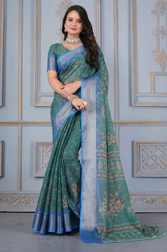 Green art silk saree with zari border and blouse