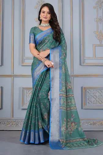 Green art silk saree with zari border and blouse