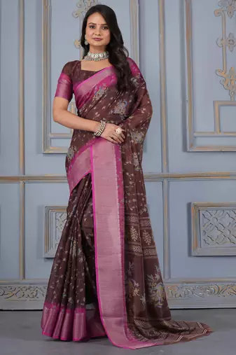 Brown art silk saree with zari border and blouse