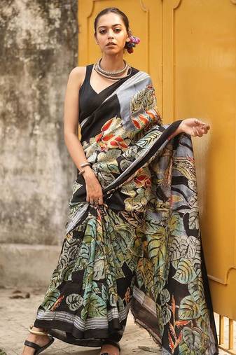 Multi color plain linen digital print with blouse