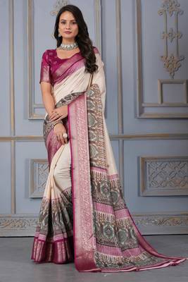 Wine soft silk crape kalamakri prints with zari pattu woven border with blouse 1
