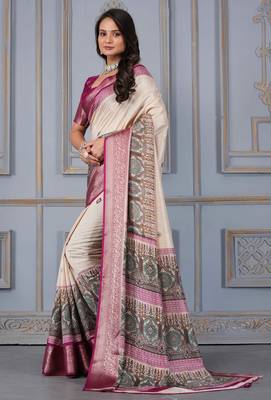 Wine soft silk crape kalamakri prints with zari pattu woven border with blouse 2